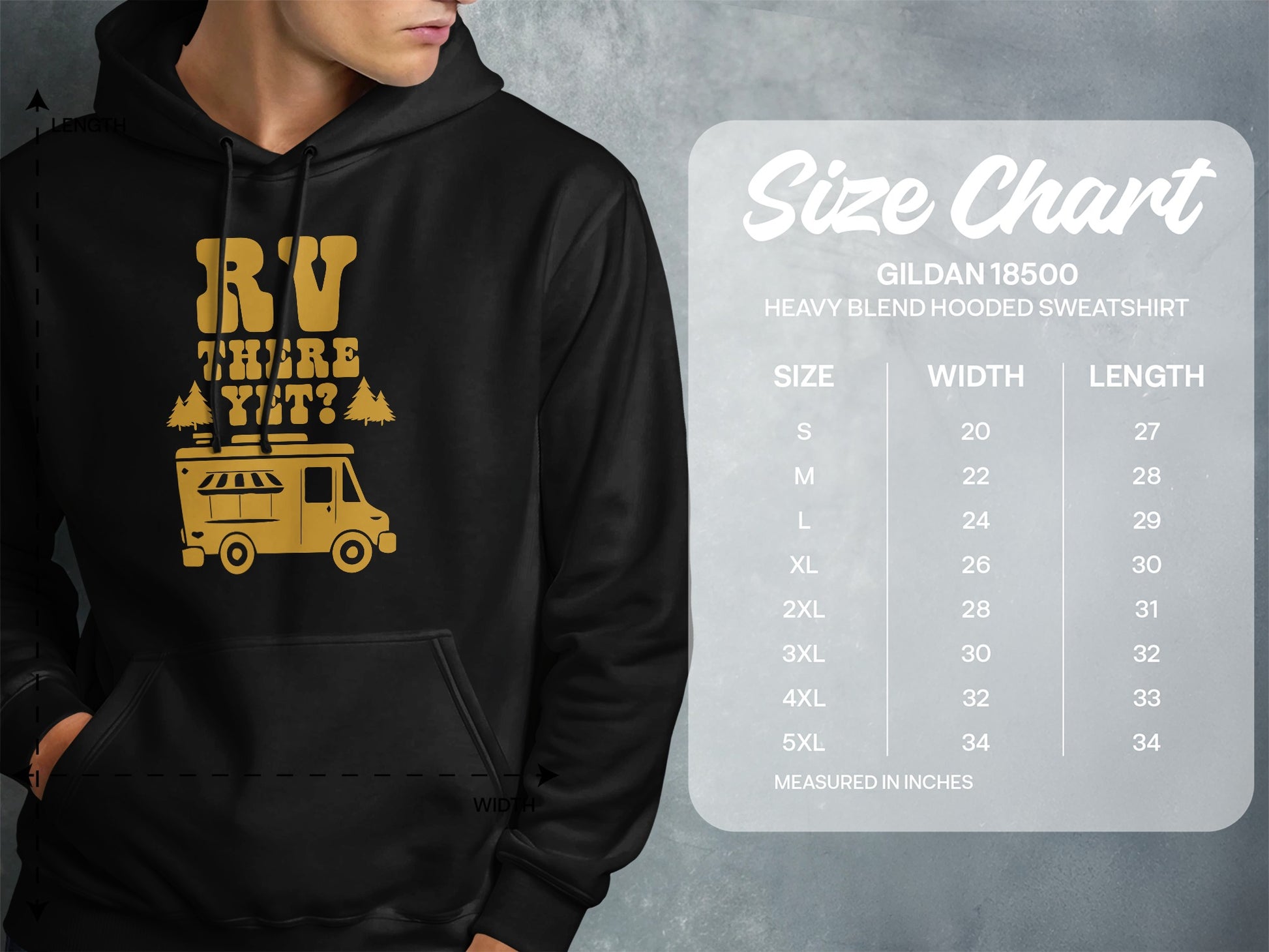 Hooded sweatshirt with "RV There Y'all?" graphic and size chart.