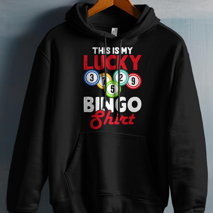 Black hoodie with "This is My Lucky Bingo Shirt" and colorful bingo balls.