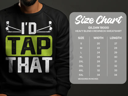 Sweatshirt with "I'd Tap That" graphic and size chart.