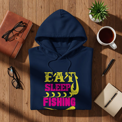 Navy blue hoodie with "Eat Sleep Fishing" text in pink and yellow.