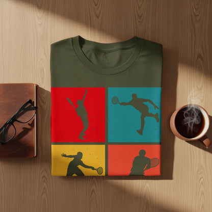 Olive green t-shirt with four colorful square graphics of tennis players.