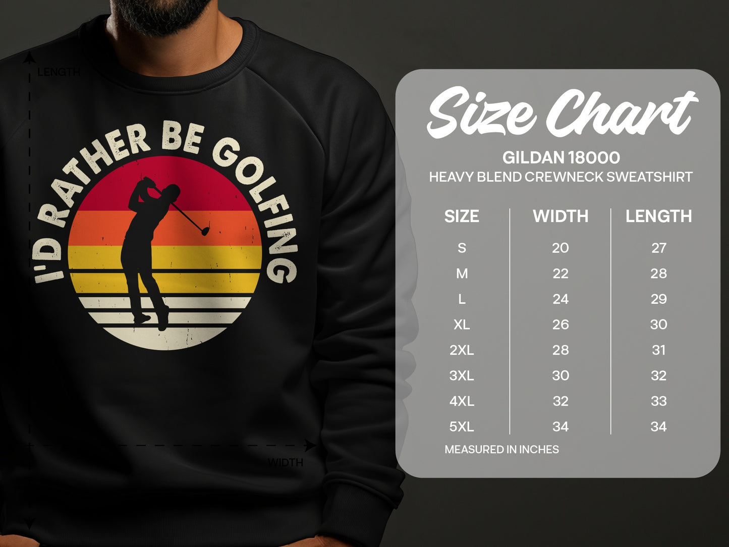 Gildan 18000 sweatshirt size chart with golf graphic and measurement details.