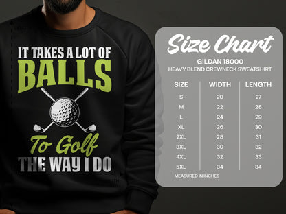 Gildan 18000 sweatshirt size chart with golf balls and clubs graphic.