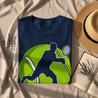 Navy t-shirt with a tennis player silhouette against a large tennis ball.