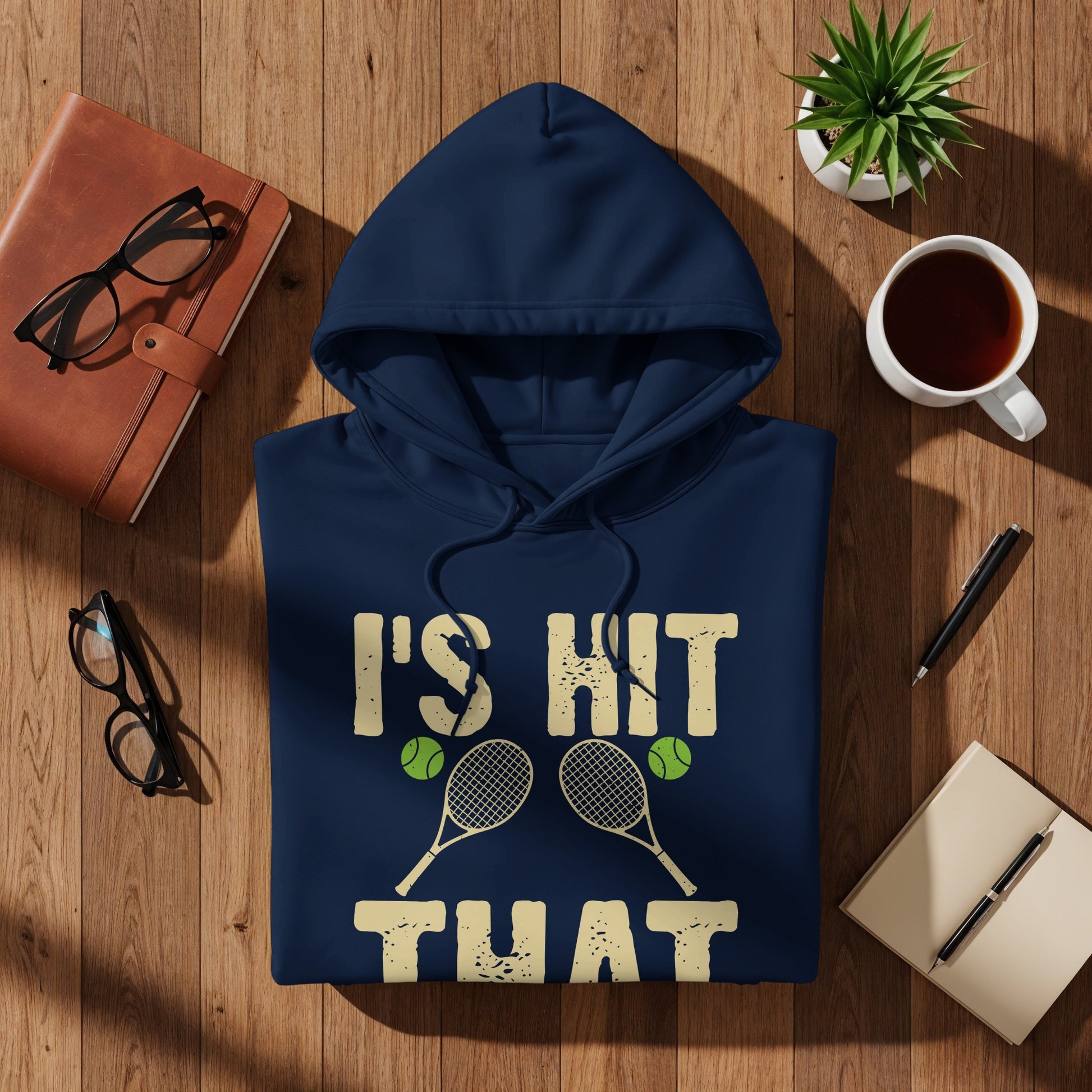 Navy hoodie with "I'S HIT THAT" and tennis rackets graphic.
