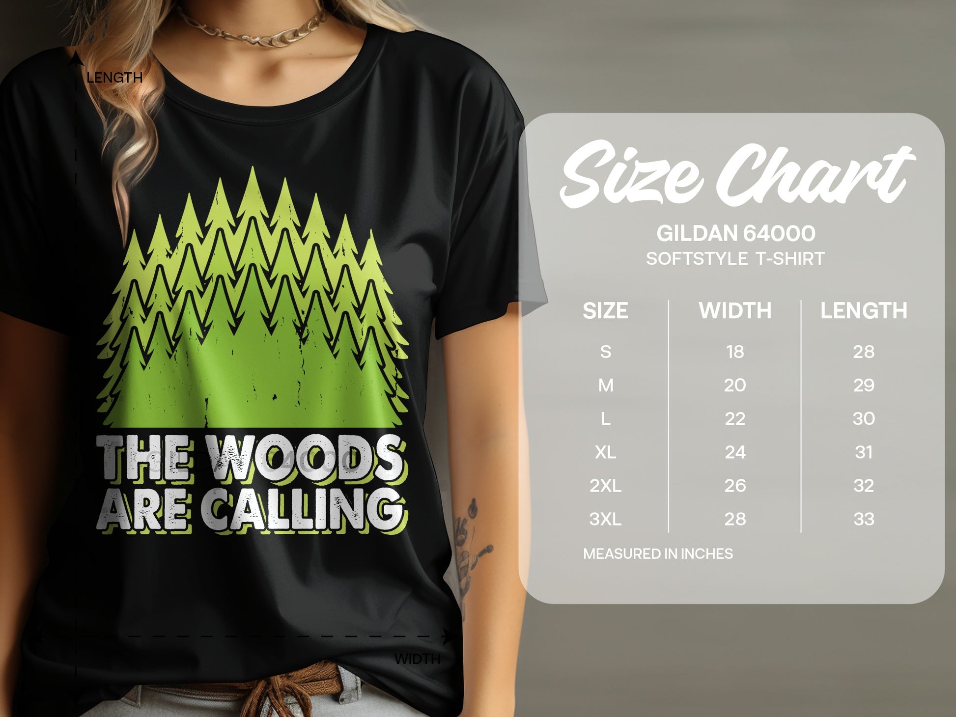 T-shirt with "The woods are calling" text and evergreen trees, with size chart.