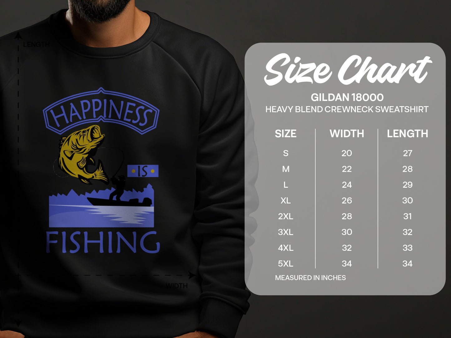 Gildan 18000 sweatshirt size chart with chest width and length in inches.