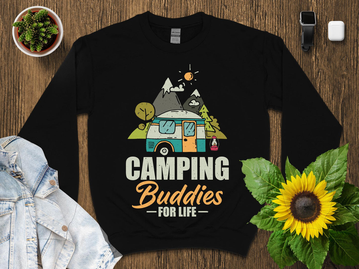 Black sweatshirt with "Camping Buddies For Life" text and camper graphic.