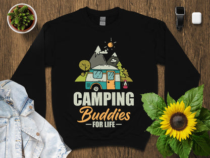 Black sweatshirt with "Camping Buddies For Life" text and camper graphic.