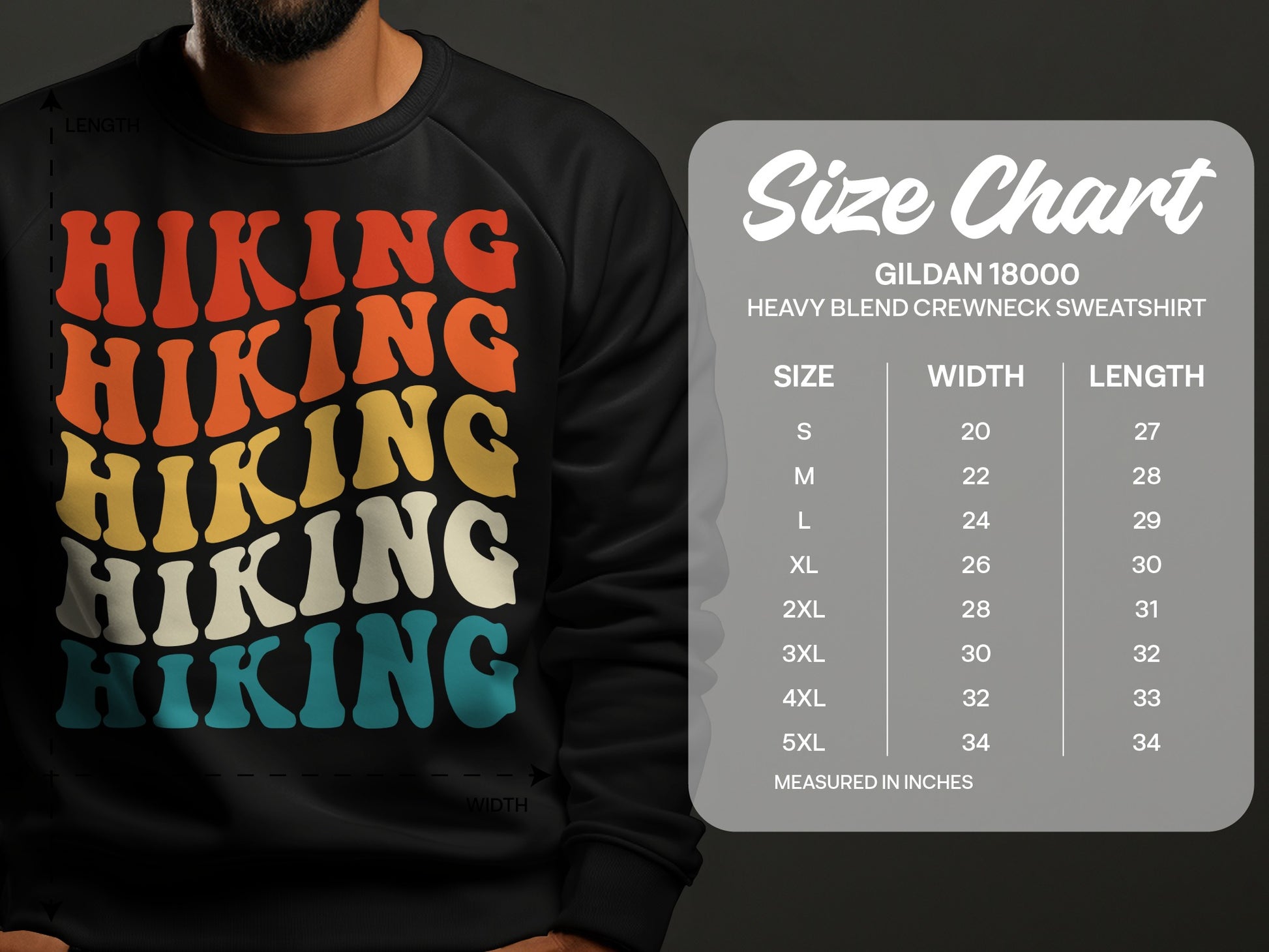 Gildan 18000 sweatshirt size chart with "Hiking" graphic.