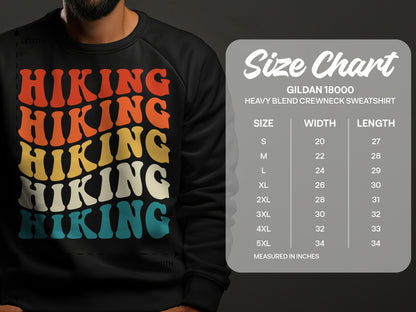 Gildan 18000 sweatshirt size chart with "Hiking" graphic.