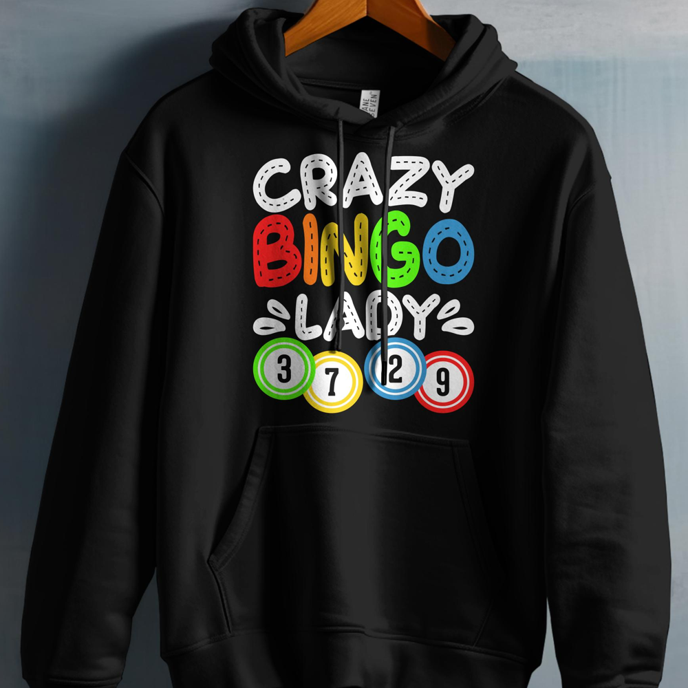 Black hoodie with "Crazy Bingo Lady" text and bingo balls 3, 7, 12, 9.