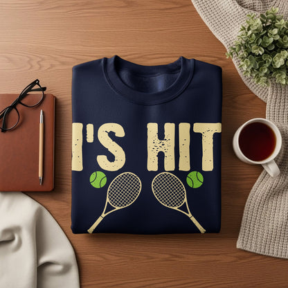 Navy sweatshirt with "I'S HIT" and tennis rackets graphic.
