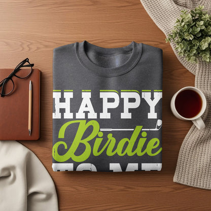 Dark gray t-shirt with "Happy Birdie" and golf club design.