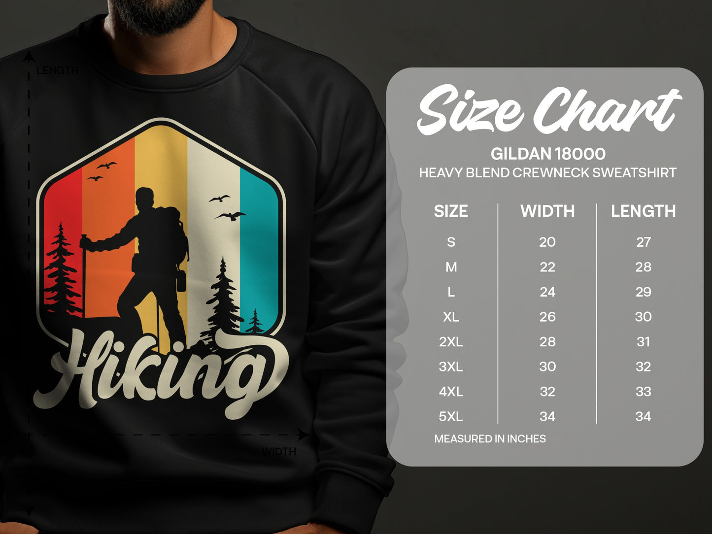 Hiking graphic sweatshirt and size chart for Gildan 18000 crewneck.