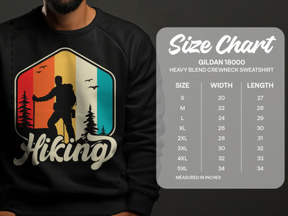 Hiking graphic sweatshirt and size chart for Gildan 18000 crewneck.