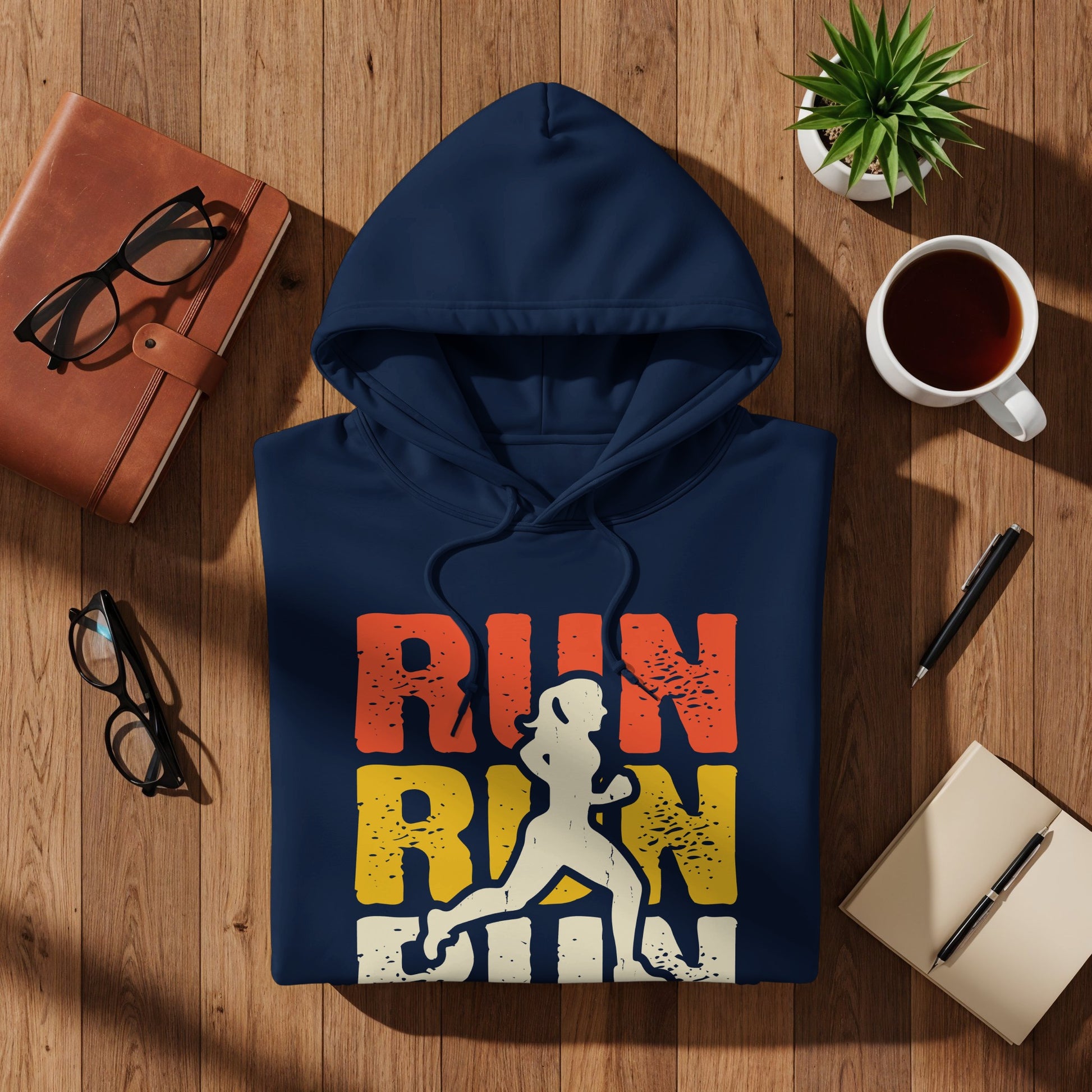 Navy blue hoodie with "Run Run Run" text and female runner graphic.