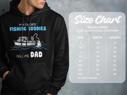 Hooded sweatshirt size chart with apparel graphic of fishing boat and text "My Favorite Fishing Buddies Call Me Dad".
