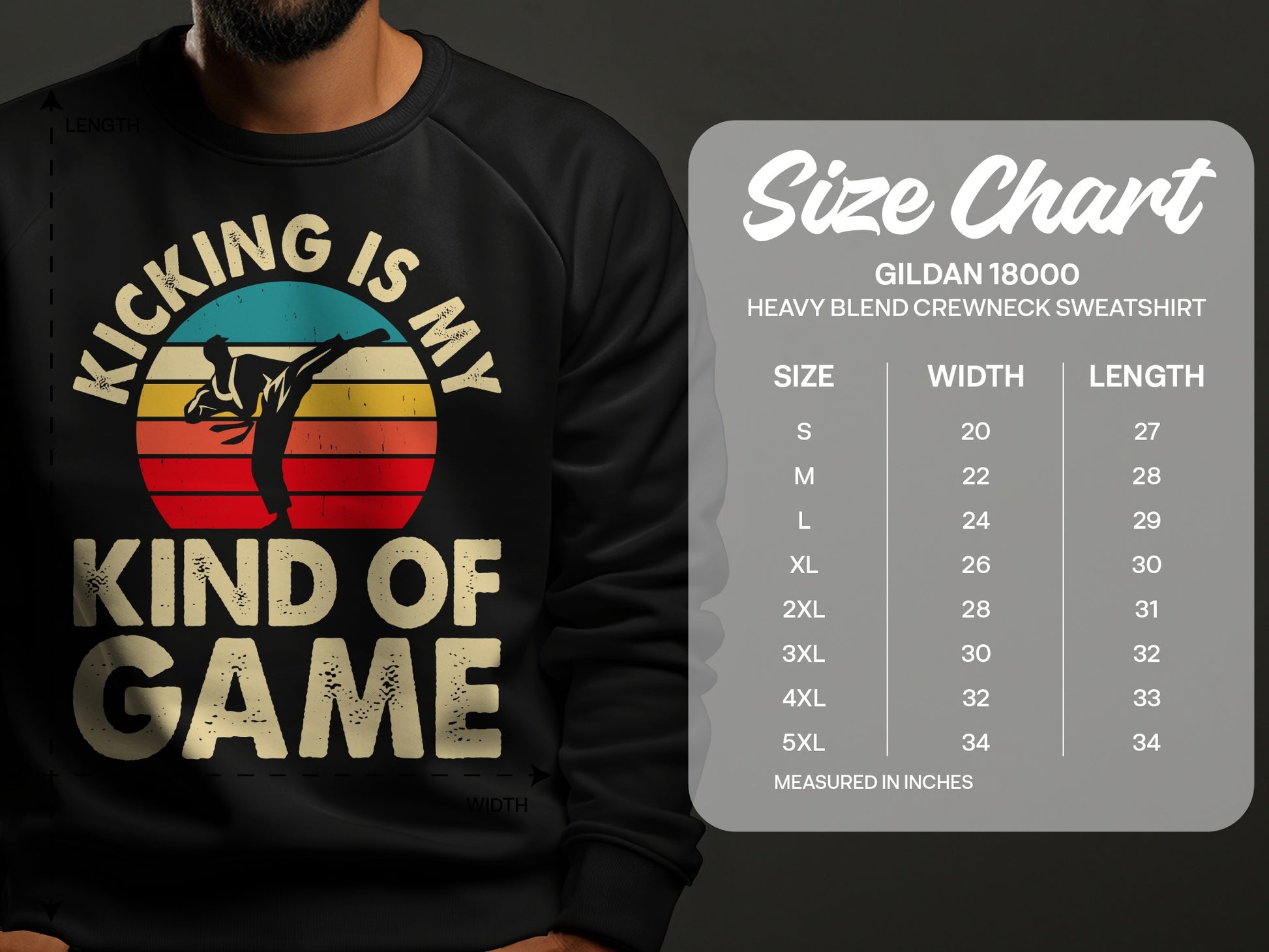 Crewneck sweatshirt featuring "Kicking is my kind of game" graphic and size chart.