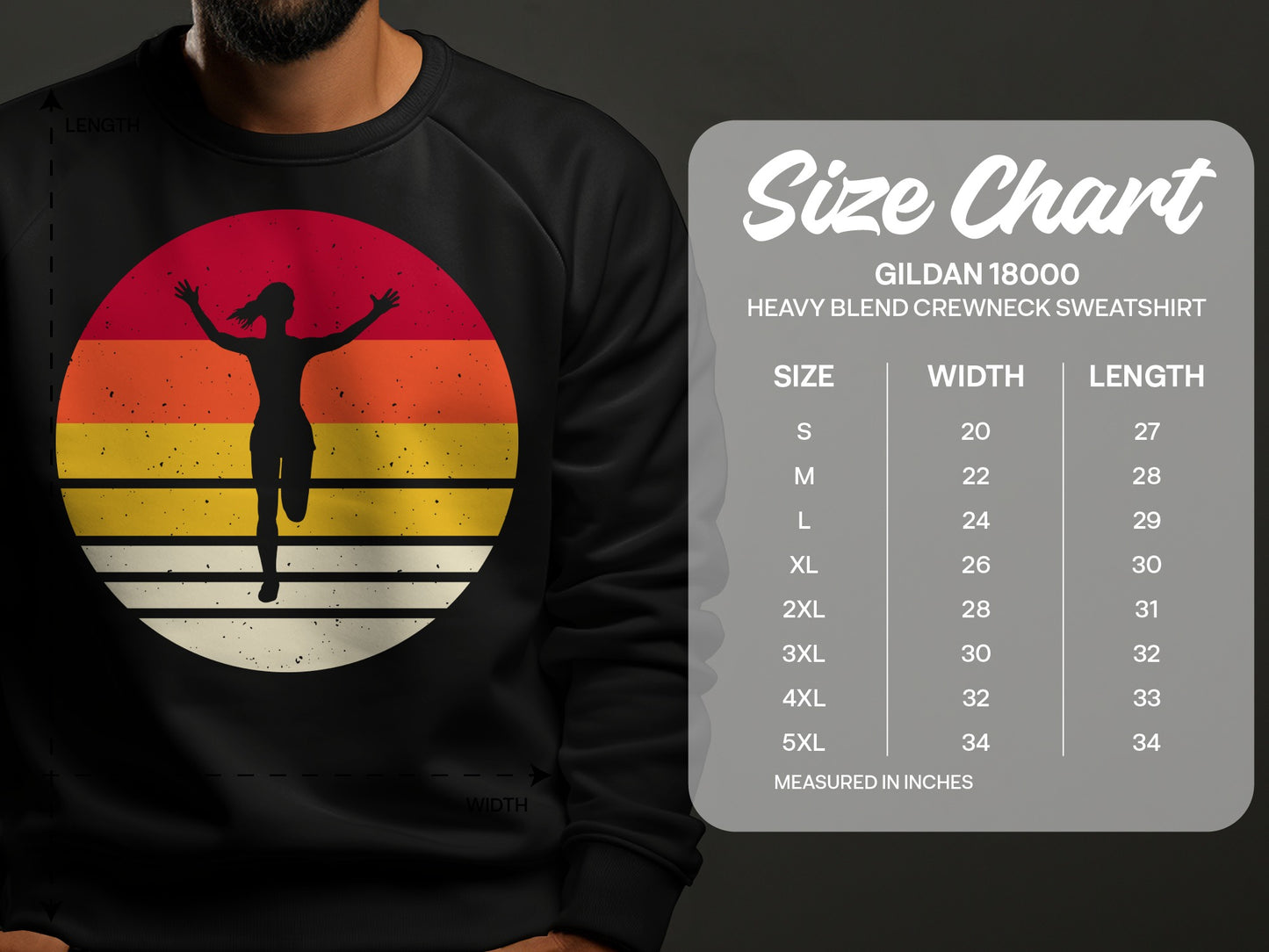 Sweatshirt size chart for Gildan 18000 heavy blend crewneck.