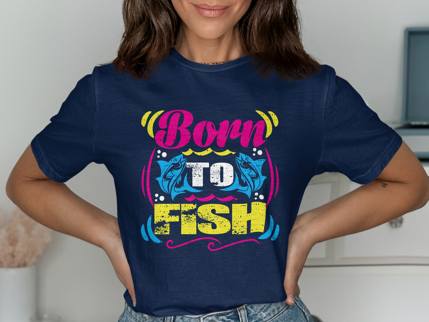 Navy t-shirt with "Born to Fish" text and two fish graphics.