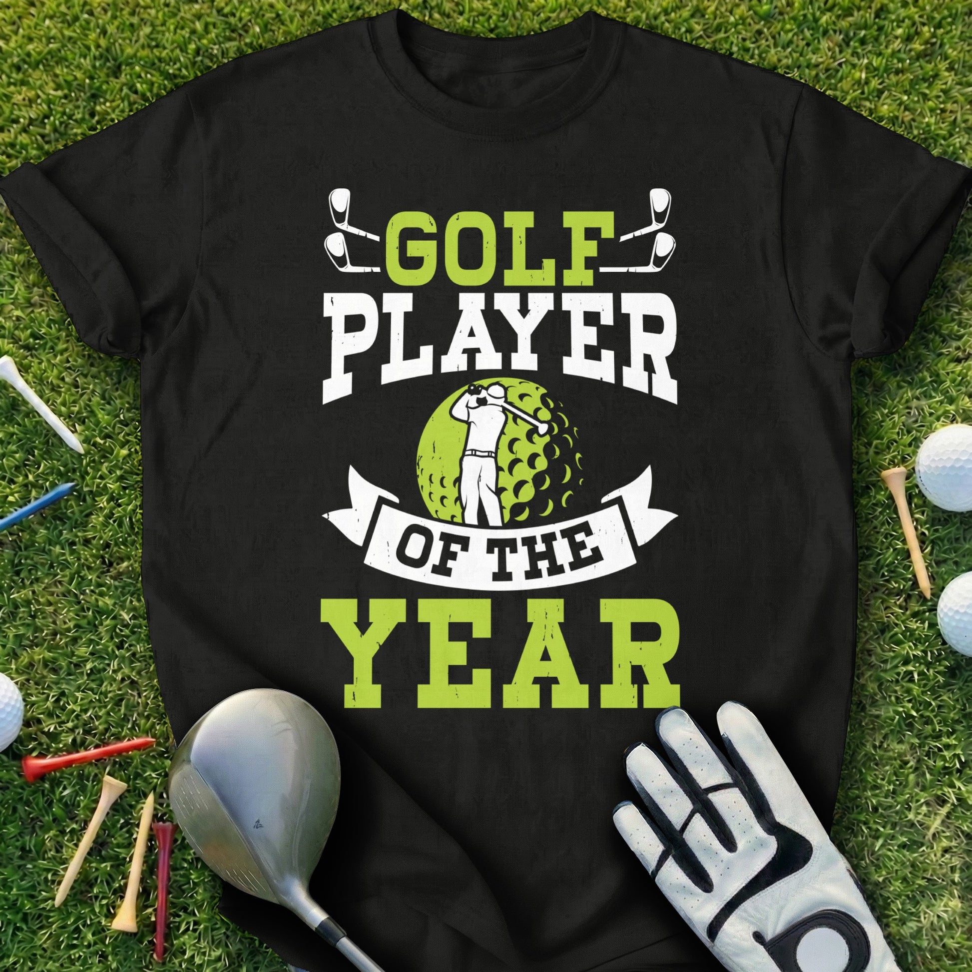 Black t-shirt with "Golf Player of the Year" text and golf ball graphic.