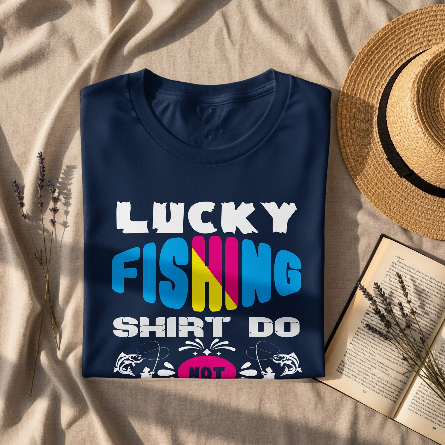 Navy t-shirt with "LUCKY FISHING SHIRT DO NOT" text and fishing graphics.