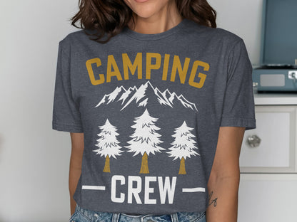 Dark grey t-shirt with "CAMPING CREW" text and mountain and tree graphic.