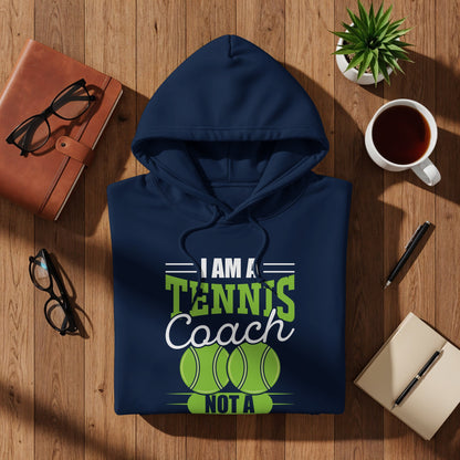 Navy hoodie with "I AM A TENNIS COACH NOT A" text and tennis balls.