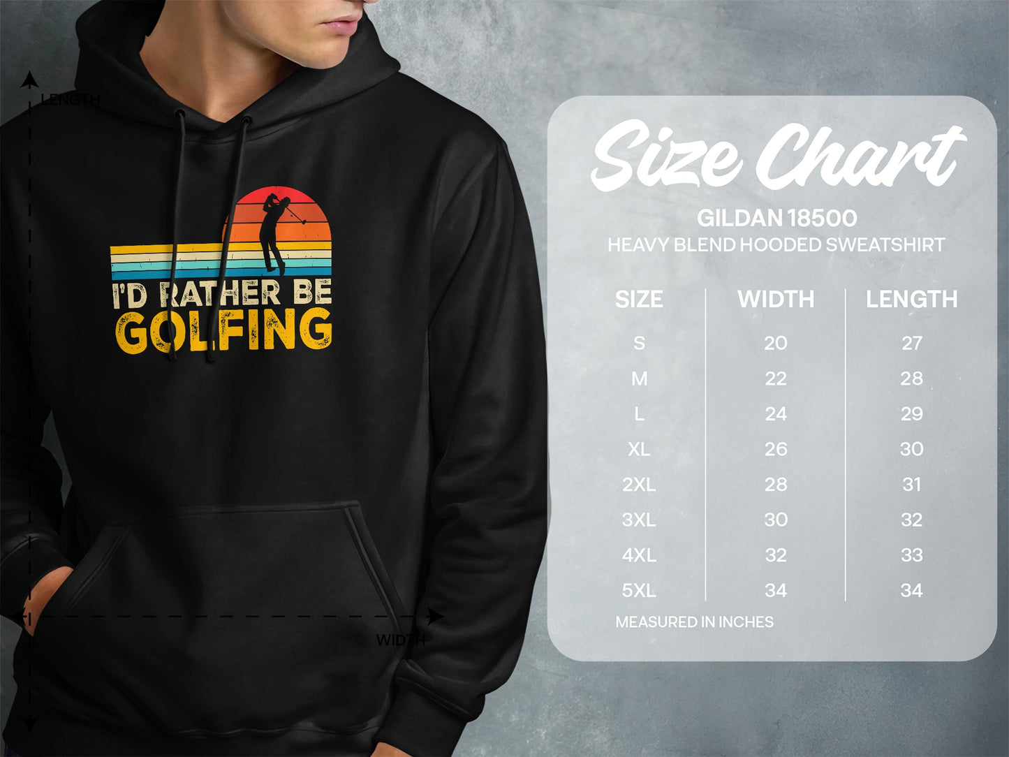 Hoodie with "I'd rather be golfing" text and a size chart.