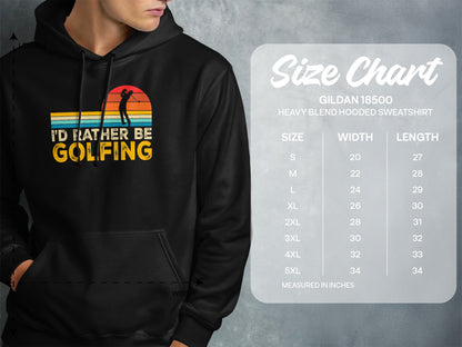 Hoodie with "I'd rather be golfing" text and a size chart.