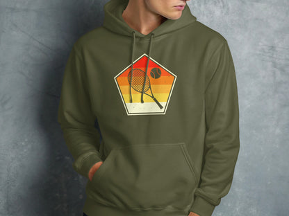 Retro tennis racket and ball graphic on olive green hoodie.