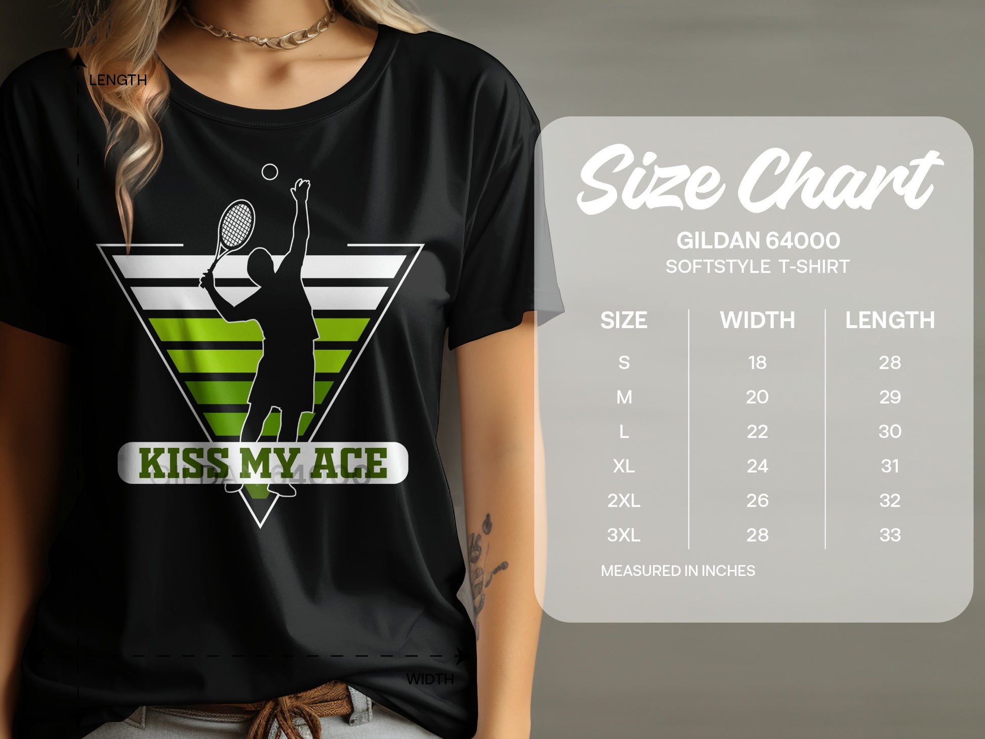 Black t-shirt with tennis player graphic and size chart.