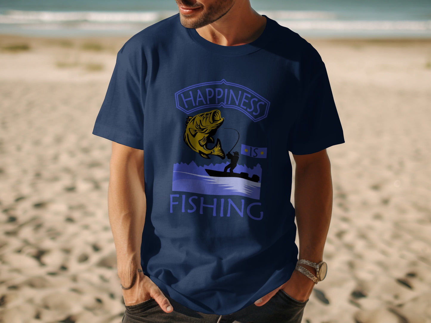 Navy t-shirt with "Happiness is Fishing" and fish graphic.