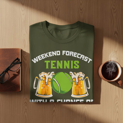 Olive green t-shirt with "Weekend Forecast Tennis" and beer mugs.