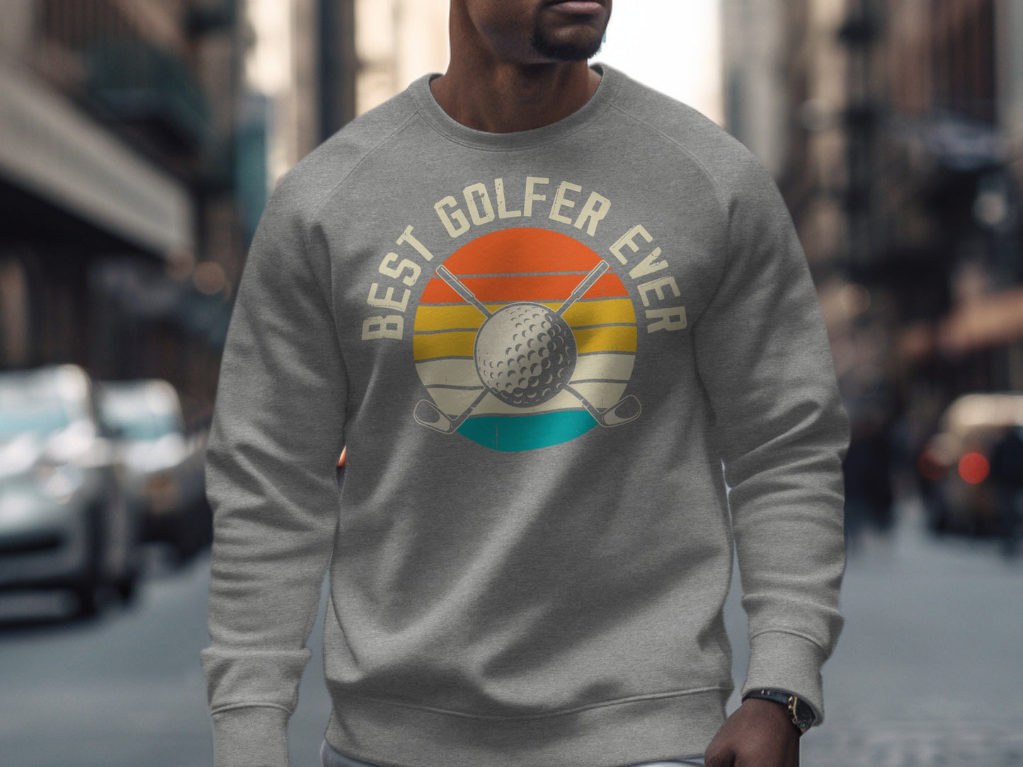 Gray sweatshirt with "Best Golfer Ever" text and golf ball graphic.