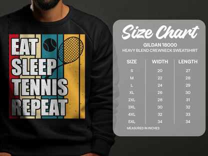 Gildan 18000 sweatshirt size chart with "Eat Sleep Tennis Repeat" graphic.