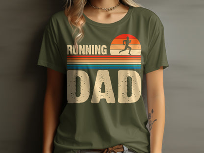 Running Dad text and runner silhouette with retro sunset design on a green t-shirt.