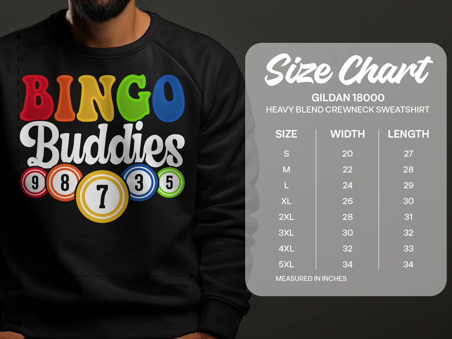 Gildan 18000 sweatshirt size chart with "Bingo Buddies" graphic.