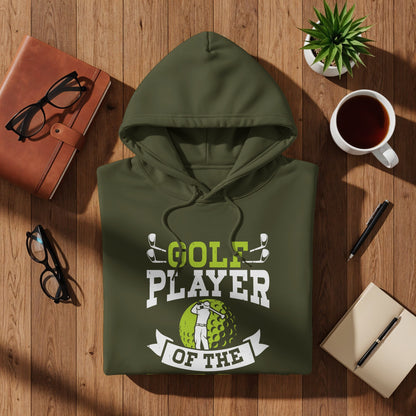 Olive green hoodie with "Golf Player of the Year" text and golf ball graphic.