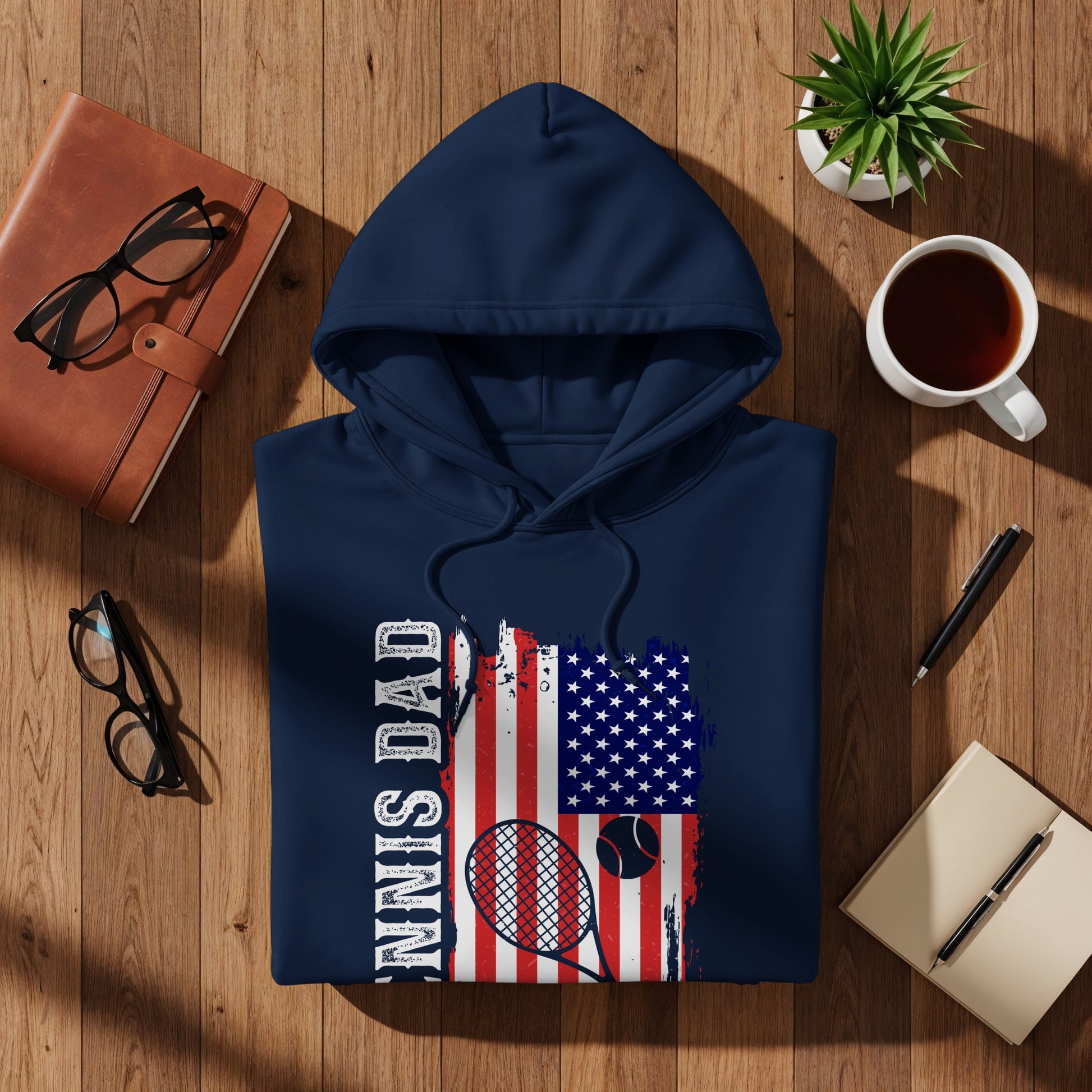 Navy hoodie with distressed American flag and tennis racket design.