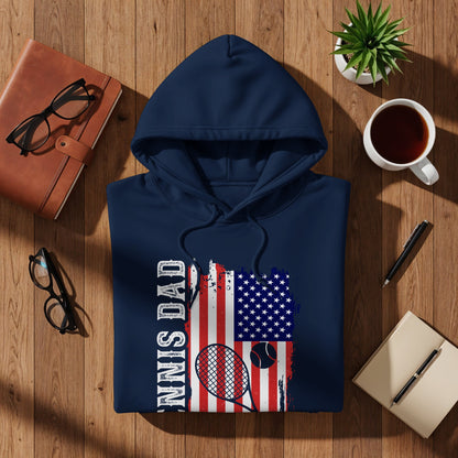Navy hoodie with distressed American flag and tennis racket design.