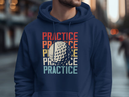 Navy hoodie with "PRACTICE" text and a vintage golf ball graphic.