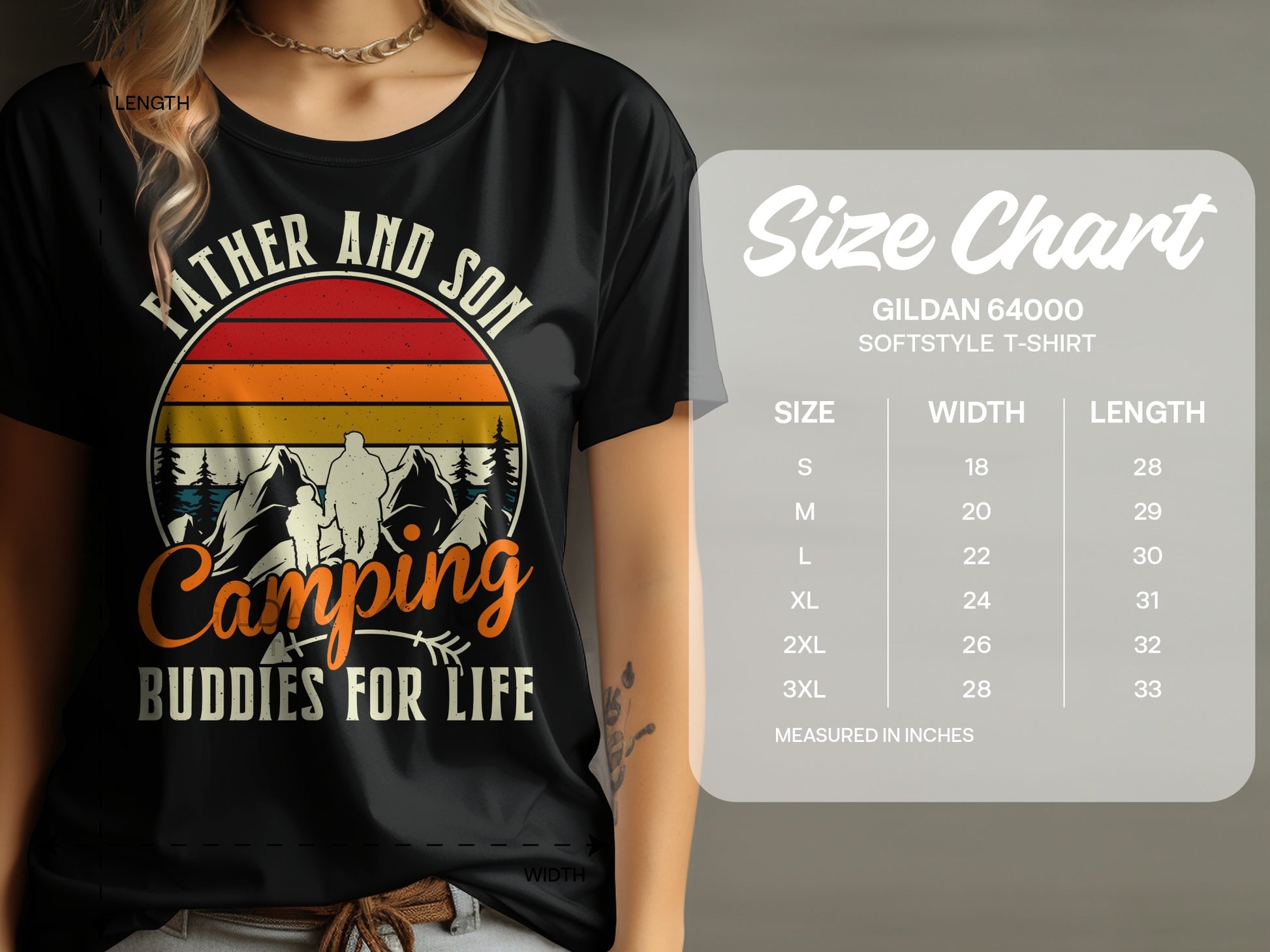 T-shirt with "Father and Son Camping Buddies for Life" graphic and size chart.