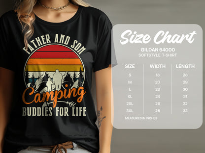 T-shirt with "Father and Son Camping Buddies for Life" graphic and size chart.
