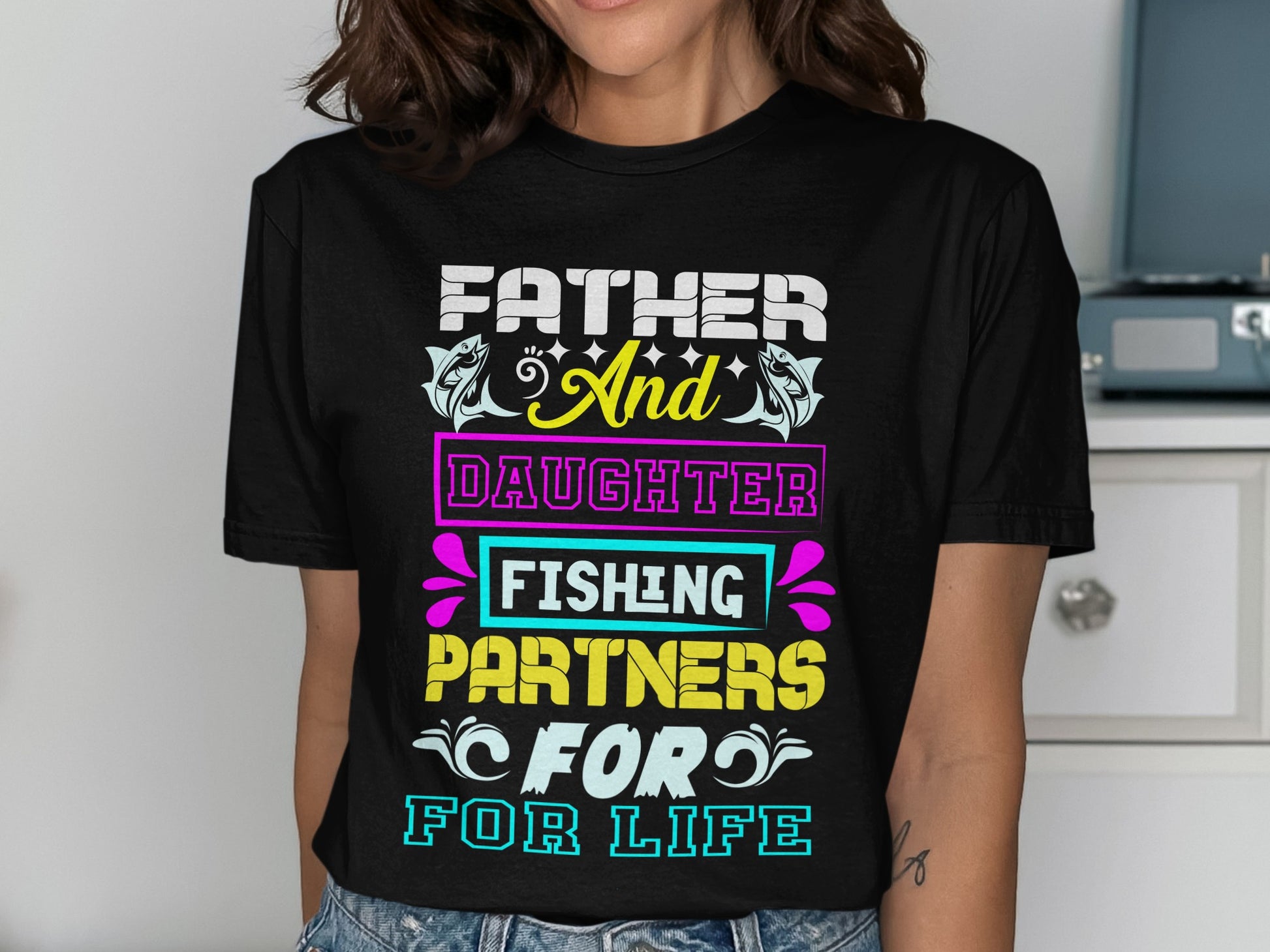 Black t-shirt with "Father and Daughter Fishing Partners for Life" text design.