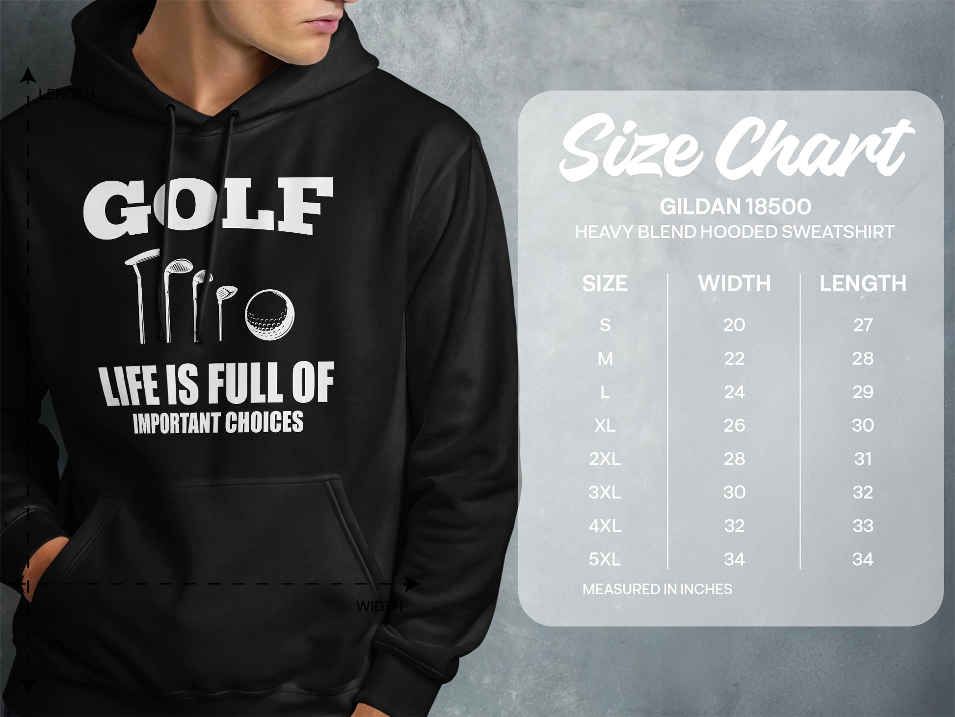 Black hoodie with "Golf" graphic and "Life is Full of Important Choices" text, beside size chart.
