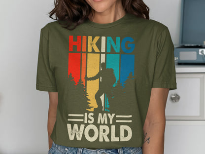 Hiking is my world text with a silhouetted hiker and mountains.