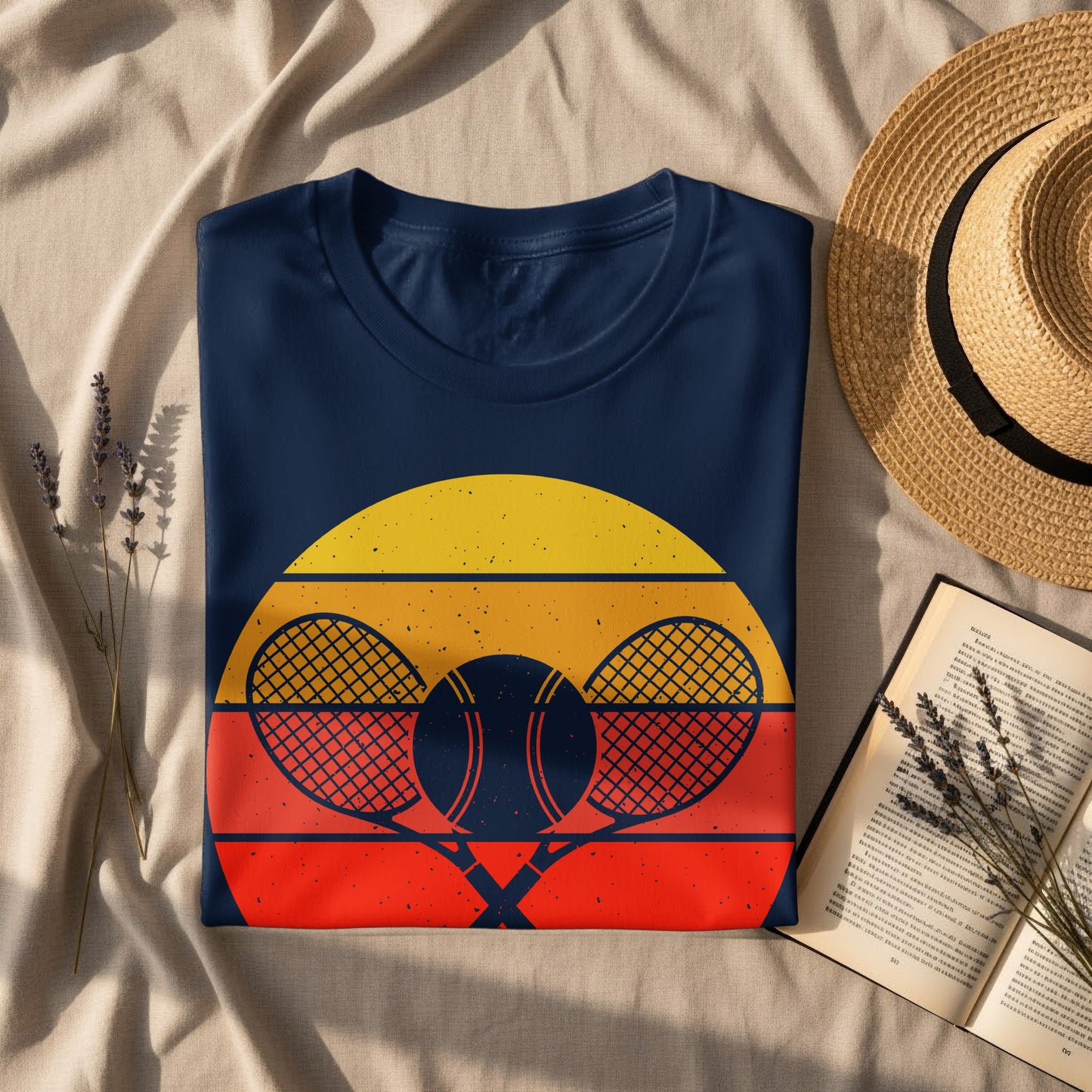 Navy t-shirt with crossed tennis rackets and ball, vintage sunset design.