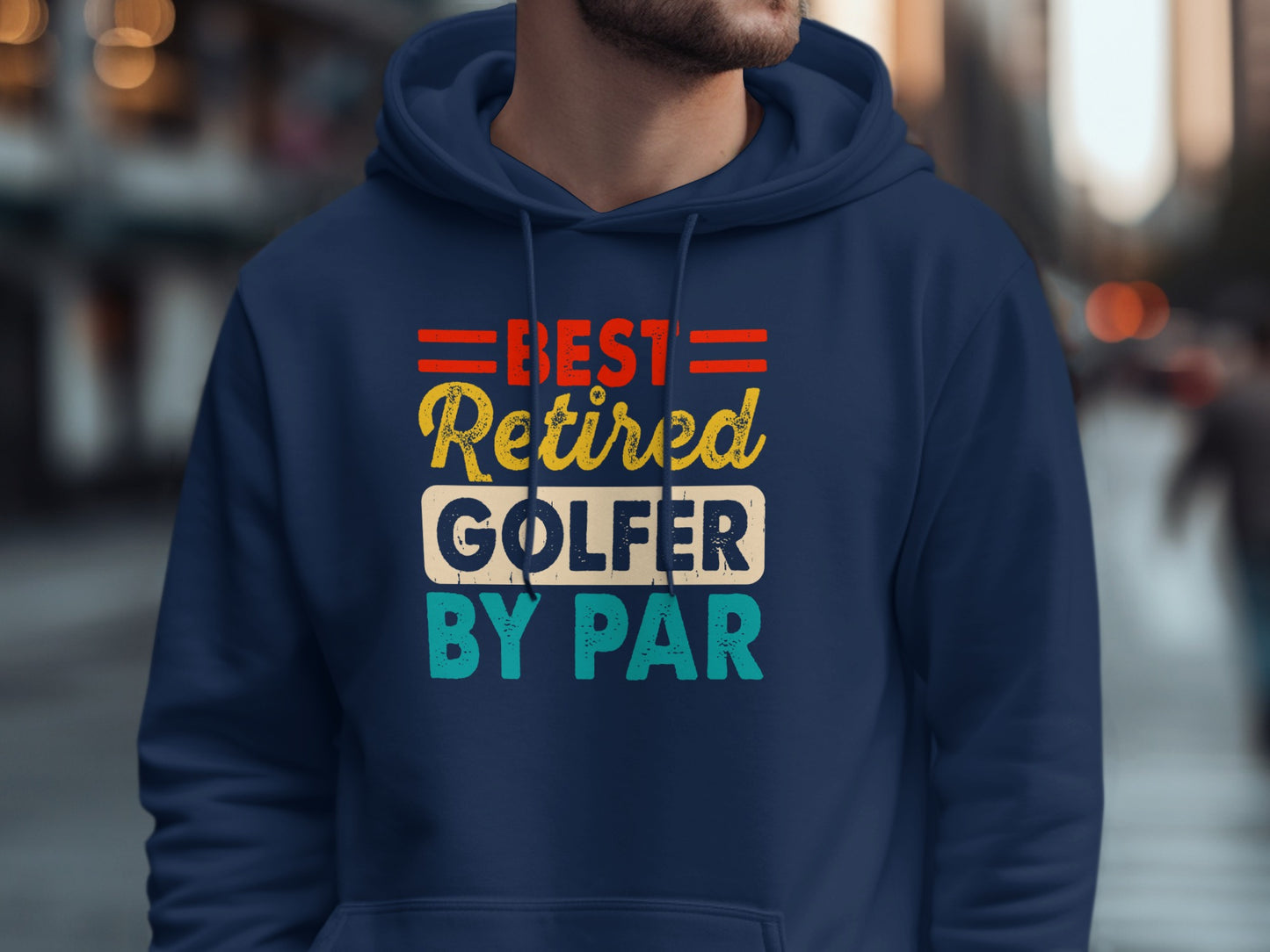 Navy hoodie with text "BEST Retired GOLFER BY PAR".